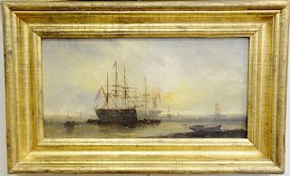 19th Century ship painting, oil on canvas, tall ships in harbor at sunset, unsigned. 8" x 16"