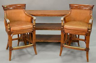 Three piece rattan lot including two chairs ht. 41 in. and server/bookcase ht. 32 in., wd. 60 in.