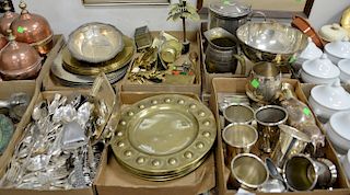Six tray lots with brass copper and silver plate to include heavy brass plates, molded brass plates, barrel form pitcher, etc. 
Prov...