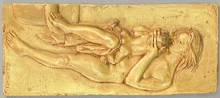 Brunn Lucchesi (b. 1926), bronze plaque of nude mother with child, signed lower right: B. Lucchesi. lg. 5 3/4 in.