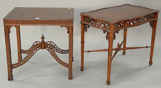 Two Ethan Allen mahogany Chippendale style tables with stretchers. ht. 28 in., top: 21" x 28" and ht. 28 in., top: 21" x 34"