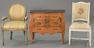 Three piece lot to include a marble top commode ht. 32 1/2 in., wd. 36 in., and two chairs.