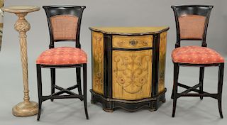 Four piece ot to include a pair of tall chairs, pedestal ht. 42 in., dia. 14 in., and contemporary cabinet ht. 33 in., wd. 33 1/2 in.
