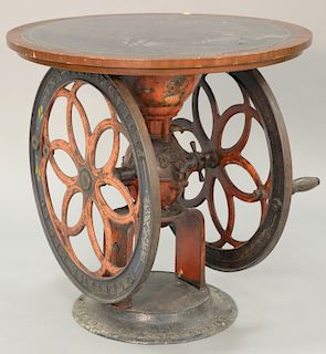 Enterprise #12 coffee grinder in original paint, now fitted with wood and leather top. ht. 29 1/2 in., dia. 30 in.