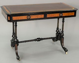 Victorian ebonized in burlwood inlaid table with leather top. ht. 28 in., top: 21" x 42"