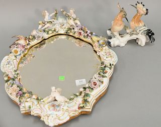 Two piece lot to include Dresden mirror and double bird figure, mirror: ht. 24 in., wd. 19 1/2 in., figure: ht. 10 in., wd. 8 1/2 in...