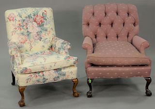 Two Margolis near matching upholstered armchairs, each with ball and claw feet (one slightly wider).