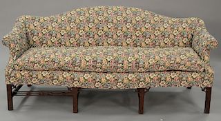 Fineberg Chippendale style camel back sofa on blind carved legs with stretchers and tapestry style upholstery (stretchers as is - mo...