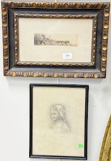 Group of six assorted pieces of art to include inlaid tray with checkerboard on one side, etching signed D. Lane 1/250, pencil sketc...