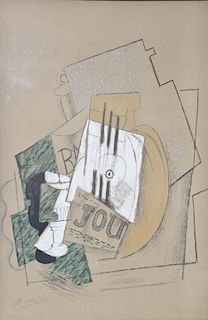 Pablo Picasso (1881-1973), lithograph in colors, Jou from Papier Collées Bouteille de Bass verre et Journal, signed in plate lower l...