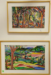 Two contemporary oil on canvas paintings including a mountainous landscape with a tree, signed illegibly lower right, 12" x 20" and ...