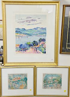 Five framed lithographs including two Charles Cobelle: Lepont, lithograph in color, 9" x 11" and Parisian Summer, colored lithograph...