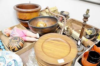 Group lot to include a set of plates, pair of turned table lamps, inlaid bowl, several wood turned bowls, carved wood snake, inlaid ...