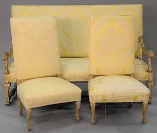 Three piece lot to include Louis XIV style sofa lg. 70 in. and two Louis XV style chairs, all gilt decorated.
