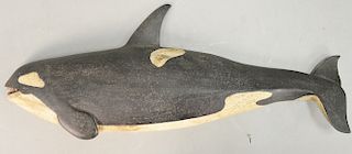 Clark Voorhees carved and painted wood killer whale, stamped on back: CV Voorhees (top fin and bottom jaw professionally repaired). ...