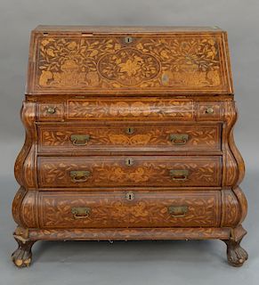 Dutch marquetry inlaid slant front desk with ball and claw feet (imperfections, small pieces missing). ht. 42 in., wd. 39 in.