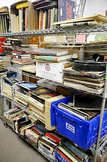 Nineteen boxes of books, four boxes of records, box of tapes, and magazines to include The Connoisseur 60's and 70's, Harper's Bazaa...