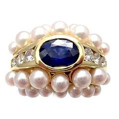 Mikimoto 18k Yellow Gold Ceylon Sapphire 0.50ctw Diamond Pearl Ring