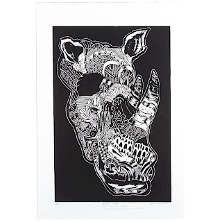 Jamila Okubo. "Rhino Rage," woodcut