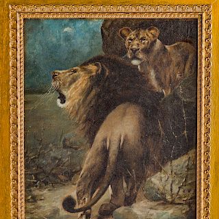 French School, 19th c. Lions in the Desert, oil