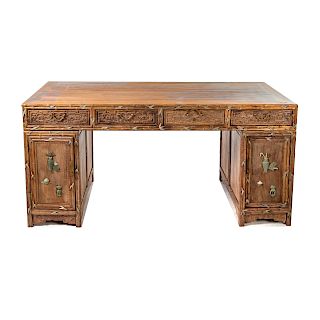 Chinese carved rosewood & jade partners desk