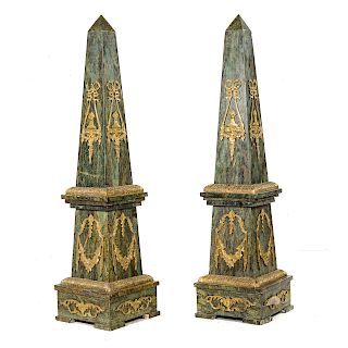 Pair Empire style brass mounded marble obelisks