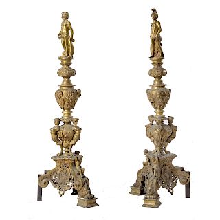 Pair Italian Renaissance style bronze andirons