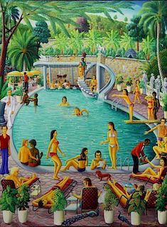 NORMIL, Andre. Oil on Canvas. Resort Pool Scene.