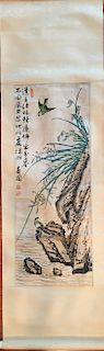 OLD Chinese Watercolor painting with birds and flowers, marked