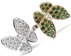 Van Cleef & Arpels Two Butterfly 18k Gold Diamond Tsavorite Between Finger Ring