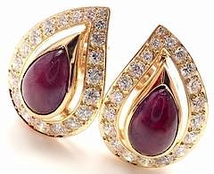 Cartier Paris 18k Yellow Gold Diamond Cabochon Ruby Earrings