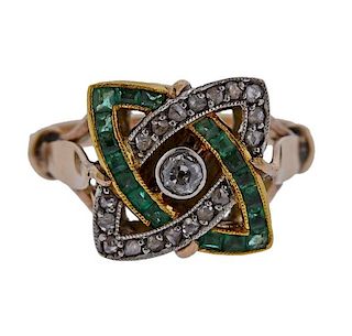 Art Deco 18k Gold Platinum Diamond Emerald Ring 