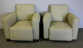 Pair of Modern Club Chairs with Greek Key Fabric.