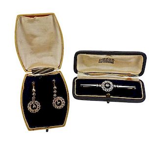 Antique 18k Gold Platinum Rose Cut Diamond Brooch Earrings Set
