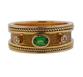 18k Gold Diamond Green Stone Band Ring 