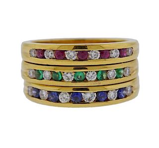 18K Gold Diamond Colored Stone Band Ring Lot of 3
