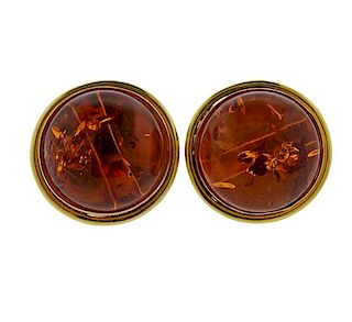 14K Gold Amber Button Earrings