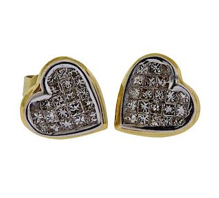 18K Gold Diamond Heart Stud Earrings
