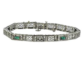 Art Deco Filigree 14K Gold Diamond Emerald Bracelet