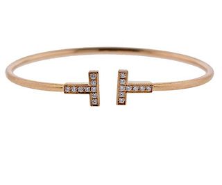 Tiffany &amp; Co T Wire 18k Rose Gold Diamond Bracelet 
