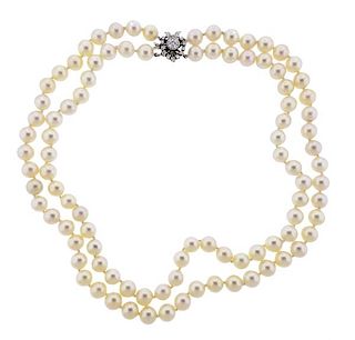 Mid Century 14k Gold Pearl Diamond Pearl Necklace