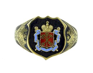 Russian 14K Enamel Code of Arms Ring By Morozov