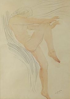 Auguste Rodin Nude Graphite Watercolor Painting