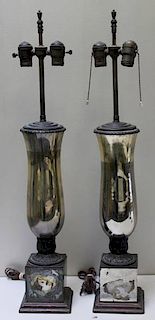 Pair of Mirrored Urns as Lamps on Mirrored Bases.