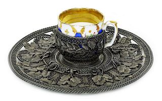 KLEBNIKOV Russian 84 Silver Tray & Porcelain Cup