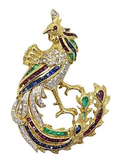 18K Ruby Sapphire Emerald & Diamond Peacock Brooch