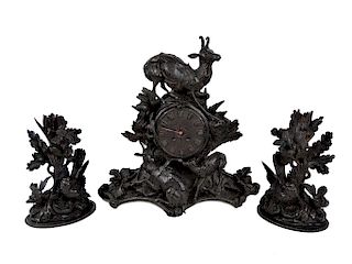 Antique Black Forest Carved Clock Garniture Set