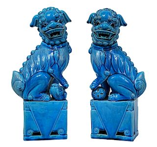 Pair of Chinese Blue Glazed Porcelain Foo Lions