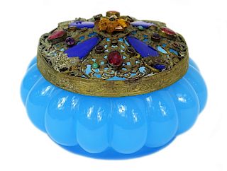 Czech Blown Glass Jeweled Lidded Vanity Box