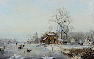Antique 19th Century Winter Scene Oil Painting